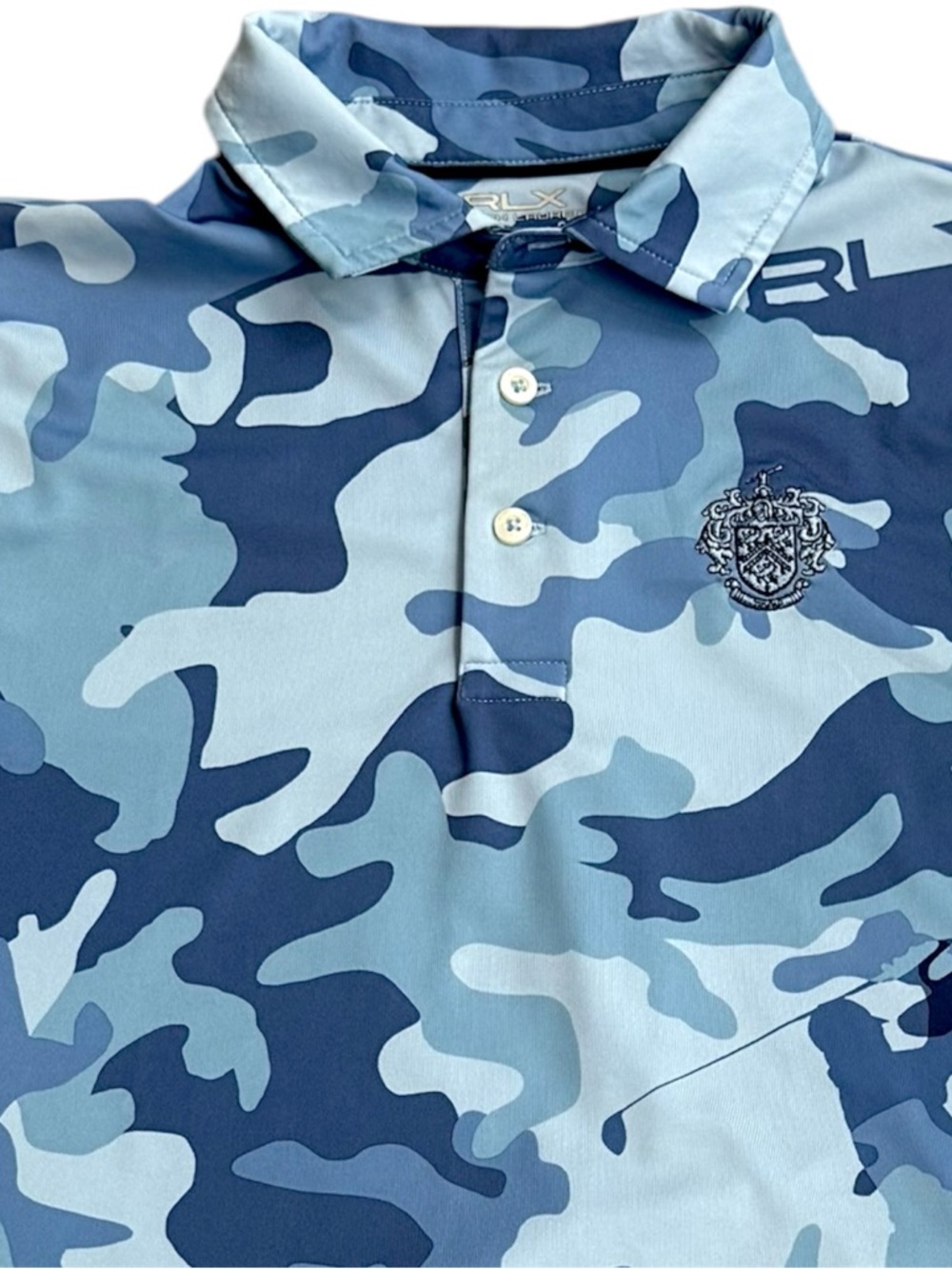 Youth RLX Ralph Lauren Polo M 10 12 Blue Camo Performance Golf Athletic Shirt